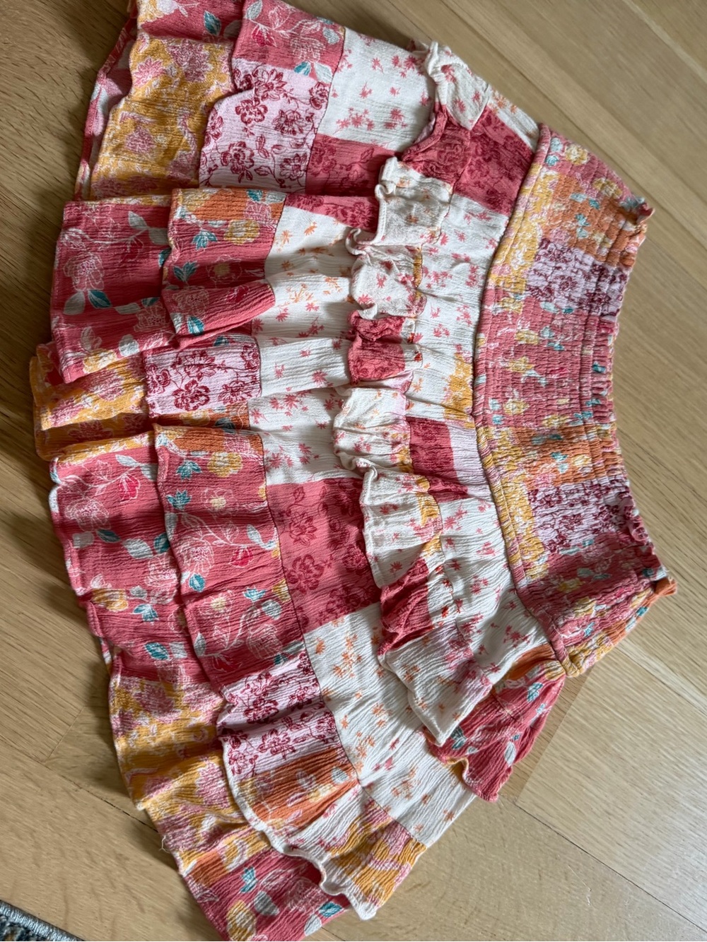 Olivaceous Coral, White & Mustard Tiered Smocked Skirt